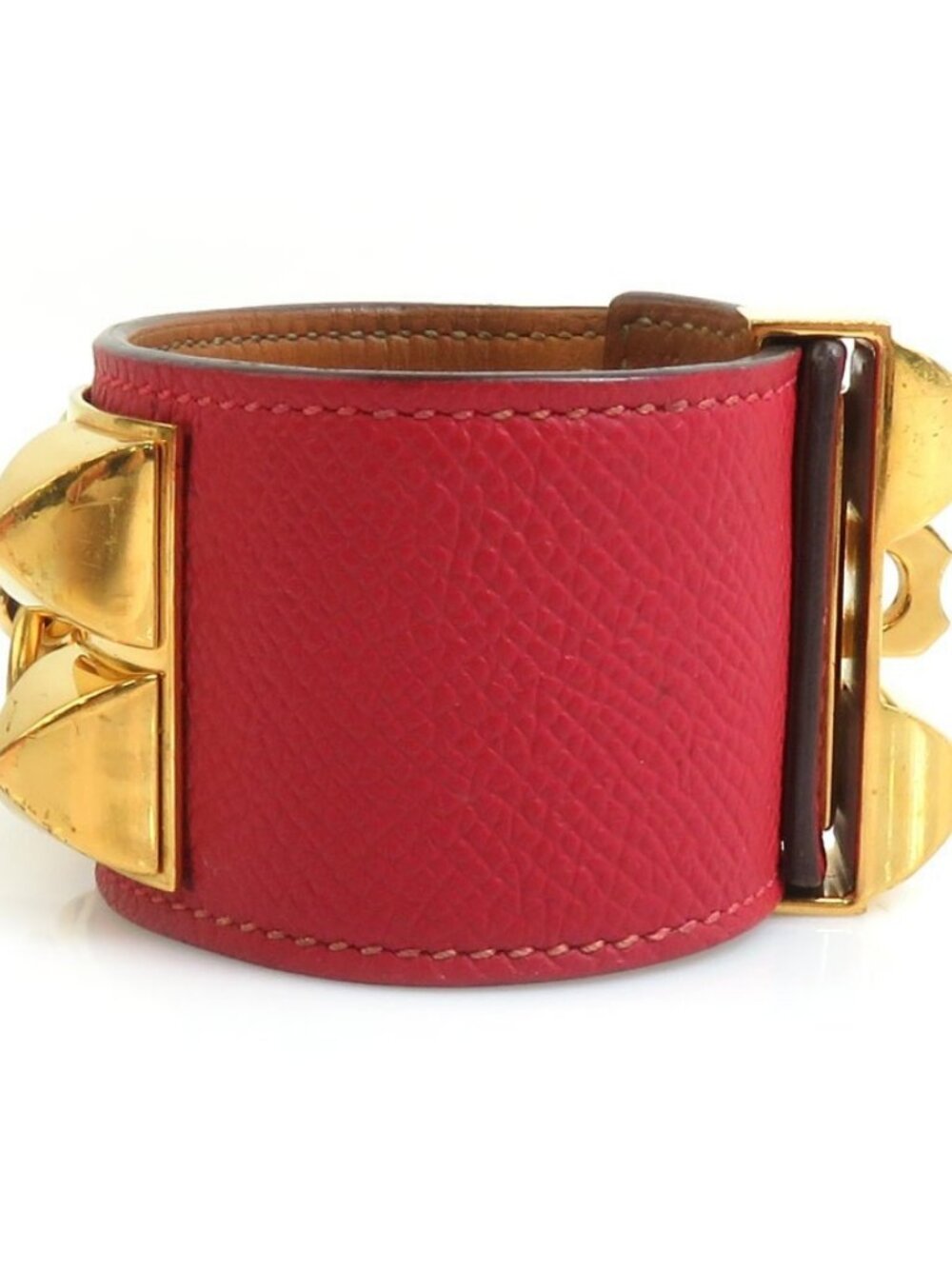 HERMES Collier de Chien Bracelet Bangle Red/Gold Leather/Metal - Picture 5 of 10